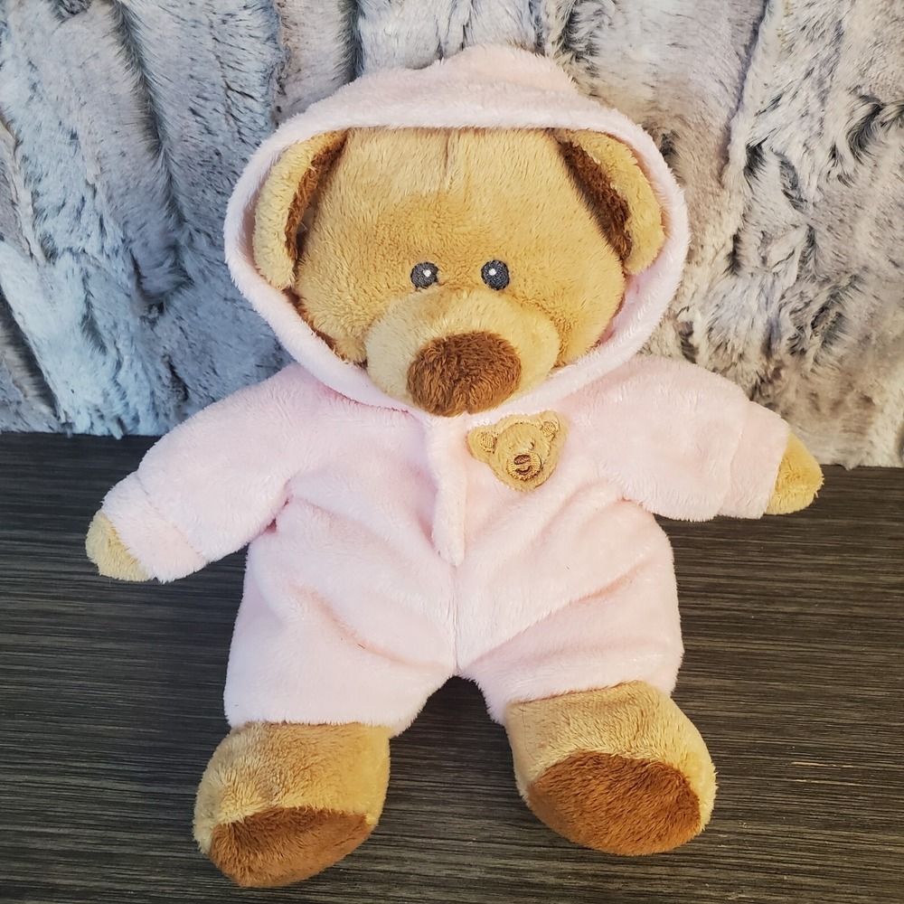 Plush Brown Bear In Pink Hooded Pajamas 11" Puffy Soft Teddy, Removable Hood